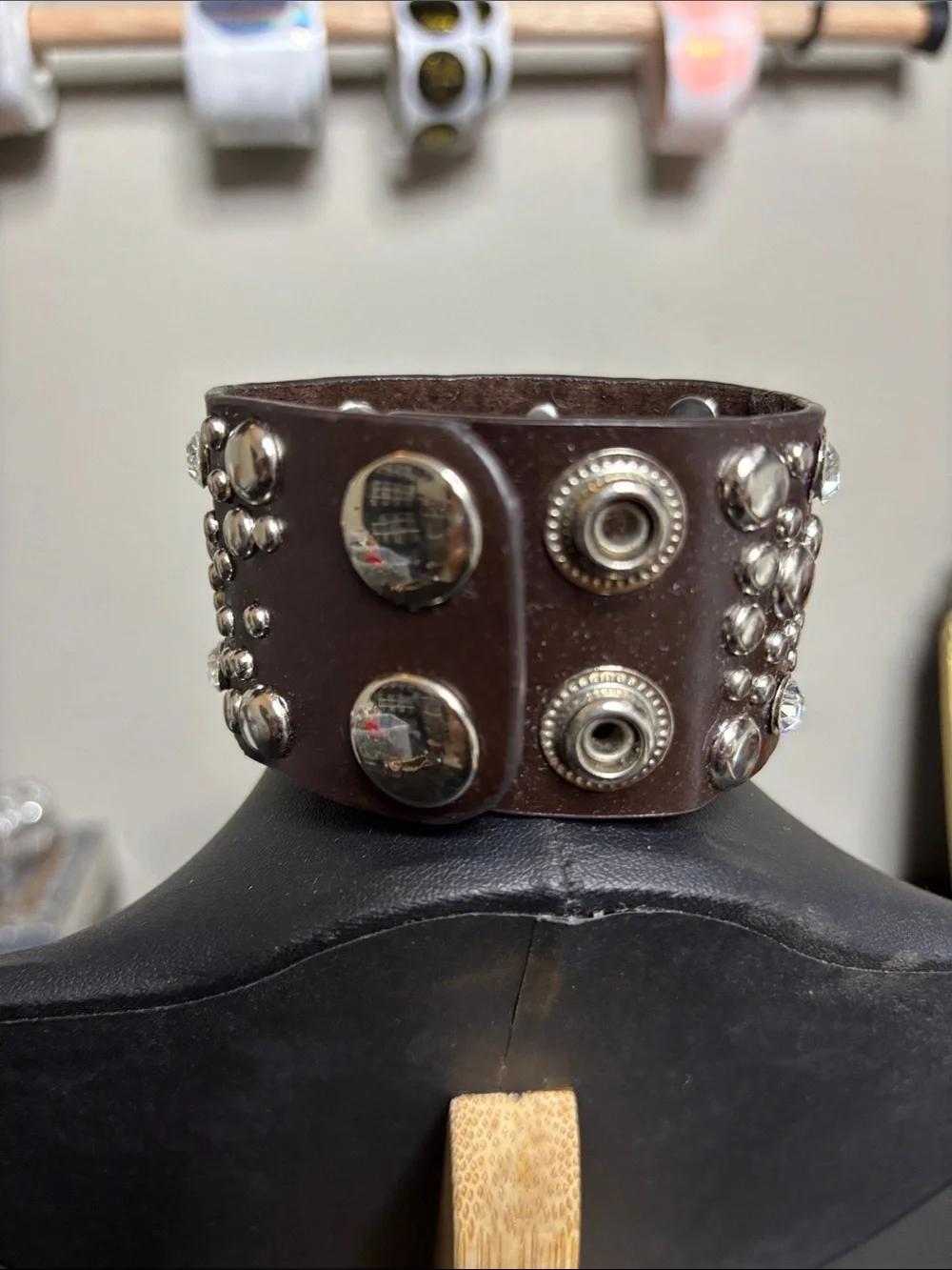 Studded Brown Leather Cuff Bracelet with Clear Crystals